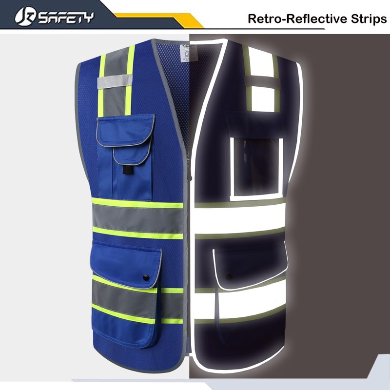 JKSafety 9 Pockets High Visibility Zipper Front MESH Blue Safety