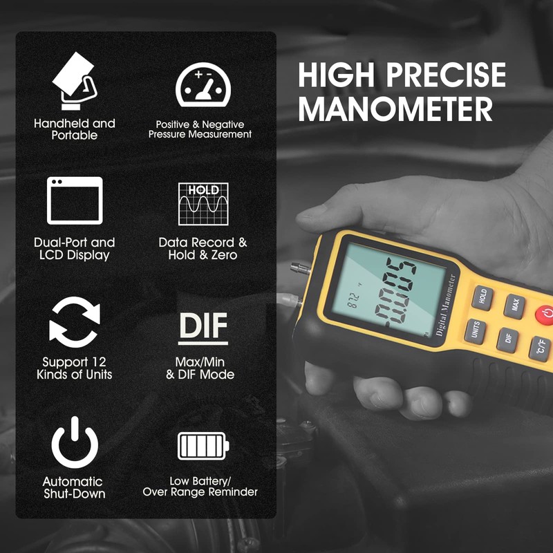 LYCEBELL Manometer Gas Pressure Tester, Digital Manometer Dual-Port Air Pressure