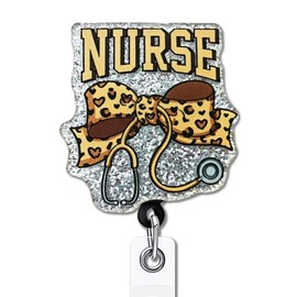 YAZMEEN Funny Nurse Badge Reel Gifts - Leopard Bow Stethoscope - Retractable Badge Holder with Alligator Clip - Silver Glitter Acrylic ID Card Holder - Gifts for RN CNA LPN Nurse Doctor Assistant