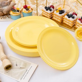 WELLIFE 60PCS Yellow Plastic Plates Set-Heavy Duty Yellow Plates for Party, Includes 30Pcs 10.25inch Yellow Dessert Plates, 30Pcs 7.5inch Yellow Dinner Plates for Spring Party, Wedding, Birthday