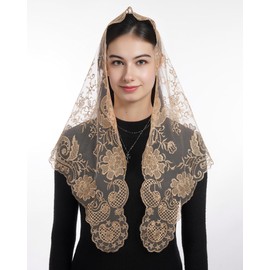 Bozidol Brown Mantilla Veils Catholic Chapel Veil for Women Church Mass Triangular Camellia Floral Head Covering Veils for Church Christian