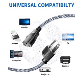 Power Cord -3 Prong AC Power Cable 1.64FT/0.5m Nylon Braided Replacement 3 Pin Power Cord,10A 18AWG Universal Power Cord for Computer,Monitor, Printer,PC,TV,Projector,Power Supply Cable-UL Certified