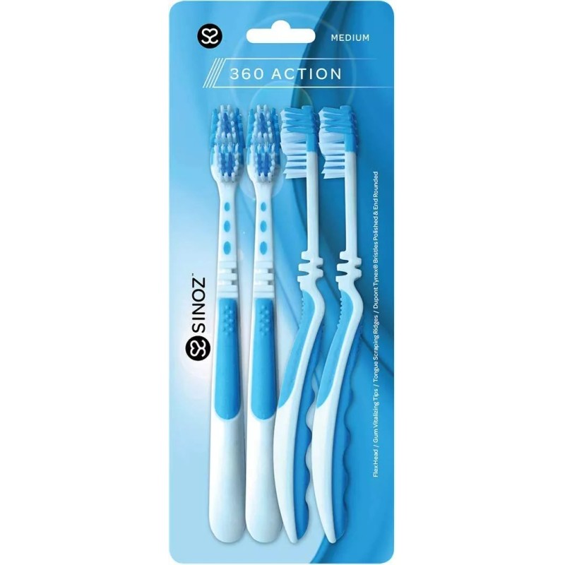 SINOZ 360 Action Medium Toothbrushes [4-Pack] Flex Head Gum Vitalizing