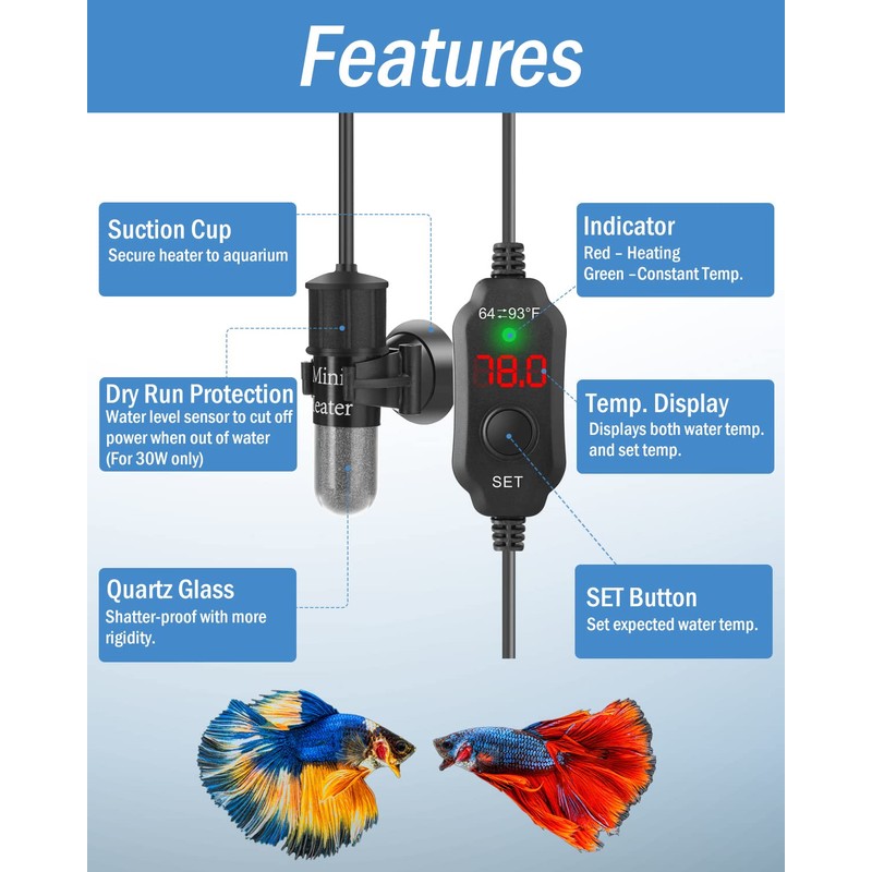 AquaMiracle Adjustable 20W Small Aquarium Heater Submersible Fish Tank Heater