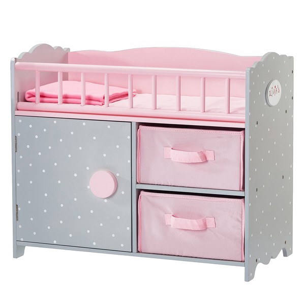 Olivia's Little World Wooden Baby Doll Crib with a Cabinet and Two Cubbies for Doll Accessory Storage Underneath, Pink and Gray and White Polka Dots