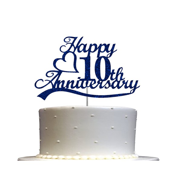 Decoración para tartas de décimo aniversario con purpurina azul, 10 ideas de decoración de aniversario de boda, calidad premium, resistente con purpurina de doble cara, palo de acrílico. Fabricado en Estados Unidos (10th Blue)