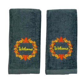 Decorative Fall Harvest Hand Fingertip Towels: Cute Welcome Wreath on Plush Soft Cotton Grey Orange, Set of 2