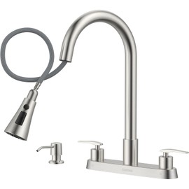 DAYONE 2 Handle Kitchen Faucet with Pull Down Sprayer, 4 Holes Sink Faucets for Kitchen/RV with Soap Dispenser Stainless Steel, Brushed Nickel