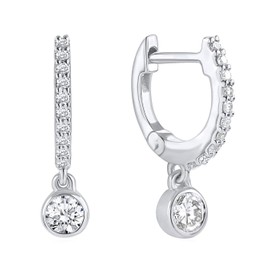 18K Gold Vermeil Drop Hoop Earrings, Cubic Zirconia Crystal Dangle, Small Huggie Design, Women's Jewellery (Silver)