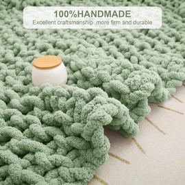 Knit Blanket 50"x60" Light Green Cream Soft Washable Chenille Throw Blanket Cozy 100% Handmade Crochet Blankets with Jumbo Chenille Yarn for Couch Bed Sofa Room Decor