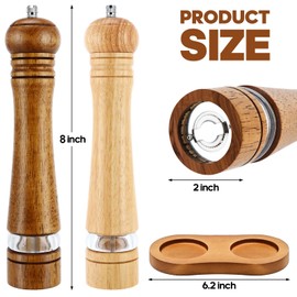 Wooden Salt and Pepper Grinder Set,2 Pcs Large 8 Inch Refillable Pepper Mills with Tray,Manual Solid Oak Wood Mills Shakers with Adjustable Ceramic Core and Transparent Window for Pepper,Salt,Spice