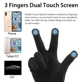 ViGrace Winter Touchscreen Gloves for Men & Women with 3 Fingers Dual-layer Touch Screen Warm Lined Anti-Slip Thermal Knit Driving Texting Glove(Dark Gray, Medium