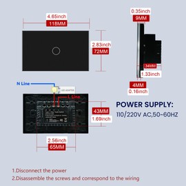 LOUYSGEN Light Switch 118X72X34MM Size No Neutral Wire,Single Live Wire Light Switch,No WiFi,Tempered Glass Panel,Total Power Maximum 1000W,Black 1 Gang