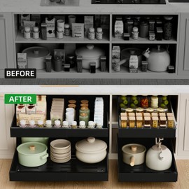 PAKETA 4 Pack Pull Out Cabinet Organizer Expandable (12"-20“ Width), 21'' Deep Pull Out Drawers for Cabinets, Adhesive with Nano Film, Heavy Duty Sliding Drawer for Pantry in Kitchen, Bathroom (Black)