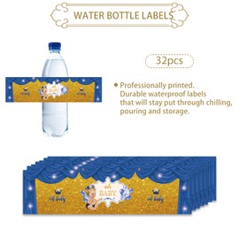 32pcs Blue Oh Baby Water Bottle Labels, Gold Glitter Gender Reveal/1st Birthday Stickers, Little Prince Bottle Wrappers, Welcome Baby Boy Bottle Wrappers for Baby Shower