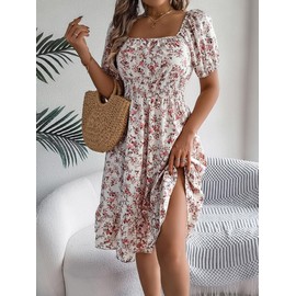 Beautiful Nomad Women's Boho Dress Square Neck Puff Short Sleeve Floral A Line Dresses