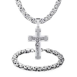 WESTMIAJW 8mm Mens Stainless Steel Silver Jesus Cross Pendant Necklace Chain Bracelet Set Jewelry 75cm