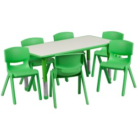 Flash Furniture Emmy Adjustable Classroom Activity Table with 6 Stackable Chairs, Rectangular Plastic Activity Table for Kids, 23.625" W x 47.25" L, Green/Gray