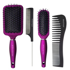 Majestique Hair Brush Set - Paddle Brush Detangler, Styling Brush, Tail Comb & Wide Tooth Comb Flat Hair Brush for Women & Men, Great on Wet or Dry Hair -Purple