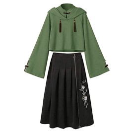 Minesam Chinese Style Hoodie, Women's, Hooded, 2-Piece Set, Top and Skirt, Chinese Clothing, Stylish, Spring and Autumn, 01 Army Green