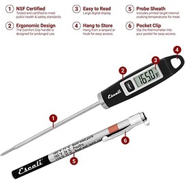 Escali Gourmet - Termómetro digital de acero inoxidable para carne con sonda de lectura rápida, funda de bolsillo con temperaturas de cocción., Negro/