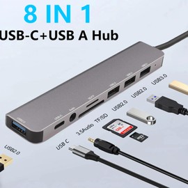 Leehitech USB C Hub, 8 in 2 Docking Station, USB C + USB to USB 3.0 x 1, USB 2.0 x 3, SD, TF, 3.5 mm Audio, USB C Data Adapter, Multiport Docking Station Suitable for PC, MacBook Pro, MacBook Air,