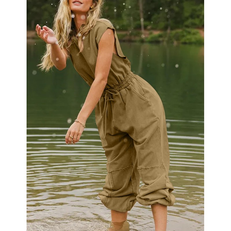 Kissonic Jumpsuits for Women Casual Crewneck Cap Sleeve Drawstring Romper