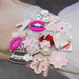 30 PCS Pink Enamel Charms Silver Color Back Women Fashion Lip Shoes Pendants for Jewelry Bracelet Earring Making DIY Craft, Non-Precious Metal, No Gemstone