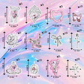110PCS Silver Nail Charms,Y2K Nail Art Rhinestone Charms 3D Heart Bow Star with Rhinestones,Charms for Nails Design,Accessories Supplies(Silver Pink 2)