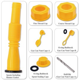 MEAJOO 1 Kit Gas Can Spout Replacement Set, Flexible and Retractable Nozzle, Durable Anti-Spill with Screw Collar Caps, Spout Cover, Base Cap, Drill Bit, Fit for 1/2/5/10 Gallon Gas Can(Yellow)