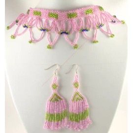 BeadsCorner Pink Green Choker Necklace Earrings Set