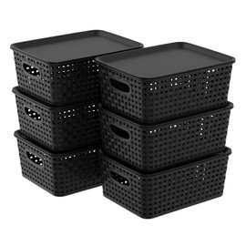 Qqbine Set of 6 Plastic Lidded Storage Shelf Baskets, Stackable Storage Basket with Lid, Black