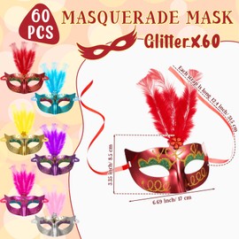 VioraWhite 60 Pack Multicolored Masquerade Mask Gold Shining Plated Mardi Gras Mask for Purim Mardi Gras Wedding Party(Glitter Feather)