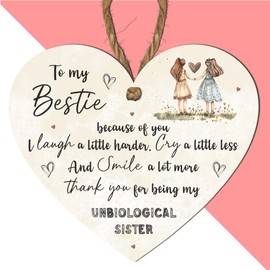To My Bestie - Thank You for Being My Unbiological Sister | Heartfelt Wooden Heart Plaque for Best Friends, Sentimental Gift for Unbiological Sisters, Friendship Keepsake