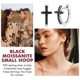 DAYBYDAY Sterling Silver Cross Earrings Small Huggie Earrings for Women Black CZ Cross Hoop Earrings