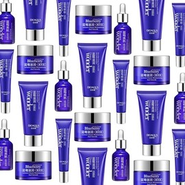 Kit Facial 4 Piezas Wonder Blueberry: Serum Hidratante, Crema Contorno de Ojos, Crema Facial Hidrantante, Limpiador Facial Limpieza Facial Repone la P