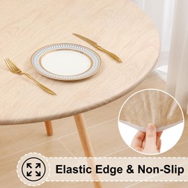 misaya Round Fitted Tablecloth with Elastic Edge, 100% Waterproof Oil Proof Plastic Table Cover, Vinyl Flannel Backed Tablecloth Fits 36"-44" Round Tables for Dinner, Outdoor, Picnic, Wood