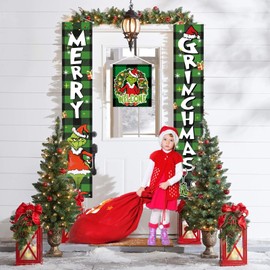 Fabelly Grinchs Christmas Decorations Outdoor Front Porch Door Sign Set - 3 PCS Green MERRY GRINCHMAS Banner - Indoor Outdoor Xmas Decor Wall Front Door Yard