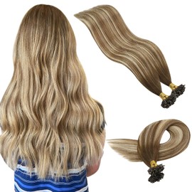 YoungSee Balayage U Tip Human Hair Extensions Medium Brown with Platinum Blonde U Tip Human Hair Pre Bonded Fusions Extensions Keratin Human Hair Extensions U Tip Real Hair 50grams 50strands