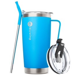 Bluwing - Taza de café de 20 onzas con asa, de acero inoxidable, aislamiento de doble pared, con popote y tapa deslizante a prueba de fugas (Azul Cielo)