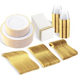 SUT 350 PCS Elegant White and Gold Disposable Dinnerware Set - Premium Dinner & Salad Plates, Cups, Napkins & Cutlery for 50 Guests - All-Inclusive Party Plastic Plates