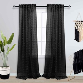 Black Curtains 96 Inches Long for Living Room 2 Panels Boho Semi Sheer Light Filtering Rod Pocket Window Drapes Pom Pom Tufted Textured Curtains for Bedroom Sliding Glass Door Large Window 8 FT