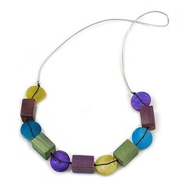 Avalaya Multicoloured Wood/Shell Bead Metallic Silver Cord Necklace - 82cm L