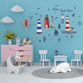 PLIGREAT Lighthouse Seagull Sailboat Wall Stickers, Removable Vinyl Peel and Stick Wall Decals for Nursery Bedroom Playroom Living Room Wall Decorations Home Indoor DIY Nautical Wall Art Decor