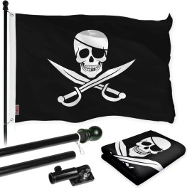 UD_G128 Combo Pack: Flag Pole 6 FT Black Tangle Free & Pirate Jolly Roger Swords Flag 3x5ft 150D Printed Polyester