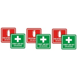Set of 3 Pairs (6 Stickers) 3" Fire Extinguisher/First Aid Kit on Board Vinyl Decals/Stickers/Labels Pair