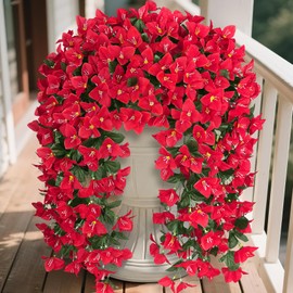 Besteek Artificial Bougainvillea Flowers Plants for Outdoors Decoration, 2 Pcs Faux Silk Flowers Long Trailing Fake Vines for Front Door Porch Planter Balcony Patio Summer Spring Home Decor, Red