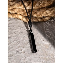 MINACHI Black Obsidian Geometric Vertical Bar Pendant Necklace with Braided Cord, Spiritual Protection Healing Jewelry Gift for Men and Women