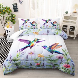 AILONEN Hummingbird Comforter Set Full Size, Purple Flowers Hummingbird Print Bedding Set Gift for Kids,Girls,Lavender Garden Floral Bird Duvet Set,1 Soft Quilt and 2 Pillowcases,3-Piece