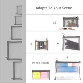 patu Zipper Mesh Bags, Pack of 5 (XS/S/M/L & Long Pouch), Beauty Makeup Cosmetic Accessories Organizer, Travel Toiletry Kit Set Storage Case, Gray